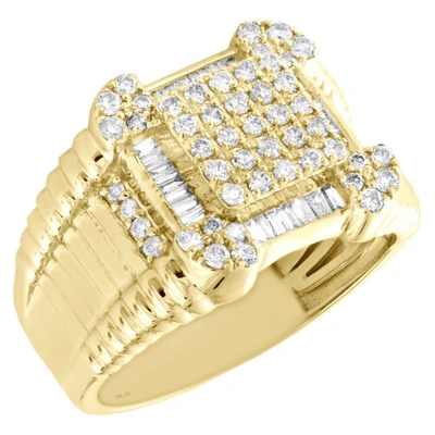 Pre-owned Jfl Diamonds & Timepieces 10k Yellow Gold Round & Baguette Diamond 15mm Square Pinky Ring Band 0.95 Ct. In White