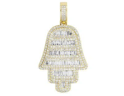 Pre-owned Jewelry Unlimited 10k Yellow Gold Baguette Real Diamond Hamsa Hand Pendant 2.25" 5 1/2 Ct In F-g