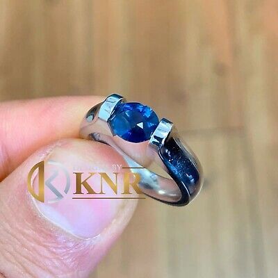 Pre-owned Solitaire With Accents 14k White Gold Natural Oval Sapphire Andtension Set Style Ring Solitaire 1.50ctw In Blue