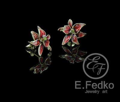 Pre-owned Fedko Jewelry Earrings "lily" Gold Diamond Enamel For Her