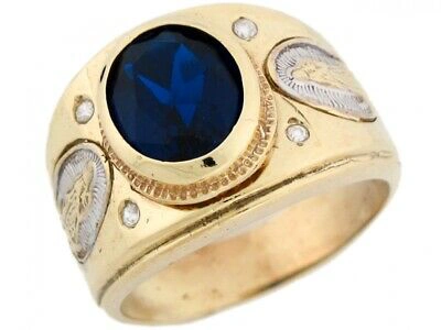 Pre-owned Jackani 10k Or 14k 2 Tone Gold Simulated Sapphire Cz Saint Mary Guadalupe Mens Ring In Blue