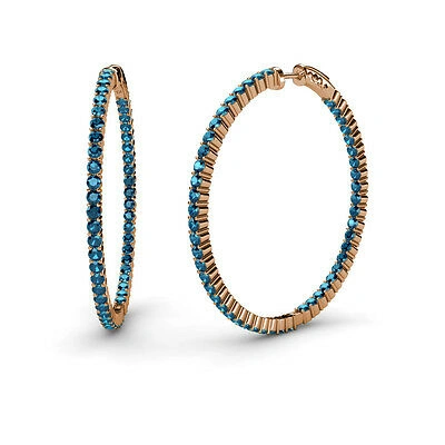 Pre-owned Trijewels Blue Diamond Inside-out Womens Hoop Earrings 3.00 Ctw 14k Rose Gold Jp:37624