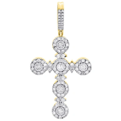 Pre-owned Jfl Diamonds & Timepieces 10k Yellow Gold Diamond Cluster Frame Cross Pendant 2.40" Miracle Set Charm 3 Ct In White