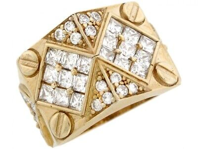 Pre-owned Jackani 10k Or 14k Real Solid Yellow Gold White Cz Cluster Bolt Thick Mens Ring