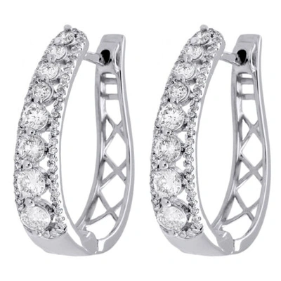 Pre-owned Jfl Diamonds & Timepieces 10k White Gold Genuine Diamond Huggies Ladies Oval Hoop Earrings 0.95" 1.50 Ct.