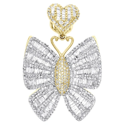 Pre-owned Jfl Diamonds & Timepieces 10k Yellow Gold Round & Baguette Diamond Butterfly Pendant 1.50" Charm 2.80 Ct. In White