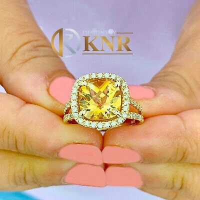 Pre-owned Knr 14k Yellow Gold Cushion Yellow Citrine Round Cut Diamond Ring Split Band 5.80ctw