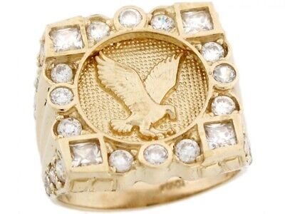 Pre-owned Jackani 10k Or 14k Yellow Gold Cluster White Cz American Eagle Freedom Mens Ring
