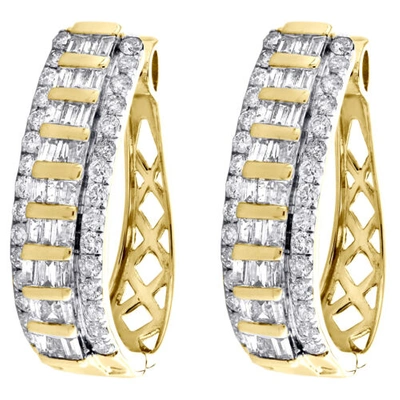 Pre-owned Jfl Diamonds & Timepieces 10k Yellow Gold Tapered Baguette Diamond Oval Hinged Hoop Dome Earrings 1.50 Ct. In White