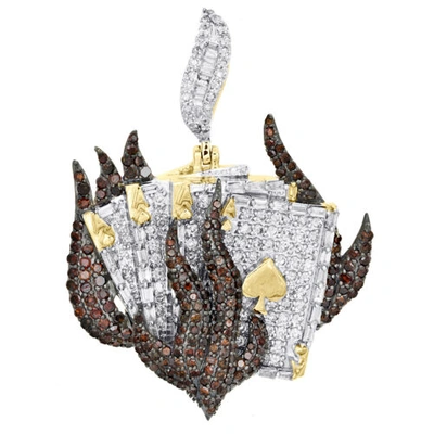 Pre-owned Jfl Diamonds & Timepieces 10k Yellow Gold Round Diamond Quad Aces Statement Pendant 1.75" Charm 3.33 Ct. In White, Red