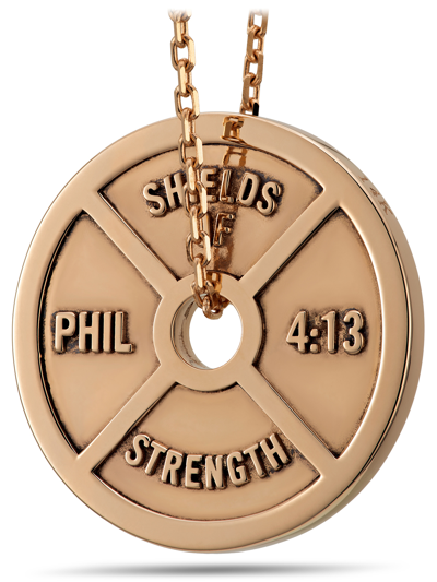 Pre-owned Shields Of Strength Women's Solid 14k Rose Gold Mini Weight Plate Necklace - Philippians 4:13