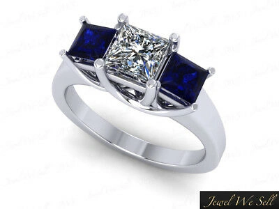 Pre-owned Jewelwesell 1.00ct Diamond Sapphire Three Stone Bridal Trellis Ring 14k White Gold I Si2 Aa