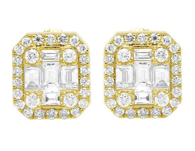 Pre-owned Jewelry Unlimited 14k Yellow Gold Real Diamond Baguette Halo Rectangle Stud Earrings 10.5mm 1 Ct In F-g