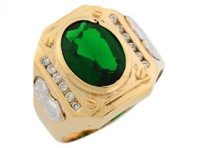 Pre-owned Jackani 10k Or 14k Two Tone Gold Simulated Emerald Cz Ornate May Birthstone Mens Ring In Green
