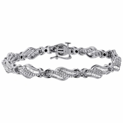 Pre-owned Jfl Diamonds & Timepieces 10k White Gold Round & Baguette Diamond Fashion Designer 7" Link Bracelet 2 Ct.