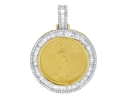Pre-owned Jewelry Unlimited 10k Yellow Gold Real Diamond Baguette Liberty Coin Pendant 1.5" 1.35ct 1/4oz