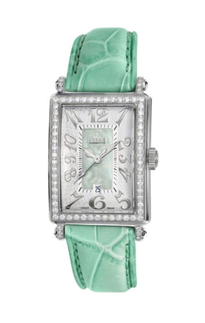 Pre-owned Gevril Women's 7246nl Avenue Of Americas Mini Diamond Green Leather Wristwatch