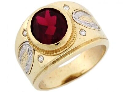 Pre-owned Jackani 10k Or 14k Two Tone Gold Simulated Ruby White Cz Saint Mary Guadalupe Mens Ring