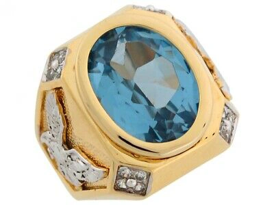Pre-owned Jackani 10k Or 14k Two Tone Gold Simulated Aquamarine Cz Eagle Accents Bold Mens Ring