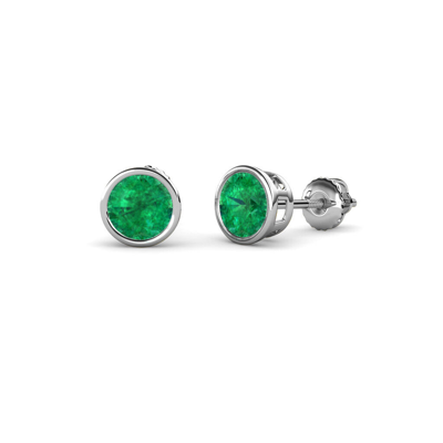 Pre-owned Trijewels Emerald 5mm Bezel Solitaire Stud Earrings 0.80 Ctw In 14k Gold Jp:66031 In Green