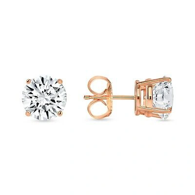 Pre-owned Shine Brite With A Diamond 3 Ct Round Lab Created Grown Diamond Earrings 14k Rose Gold G/vs Basket Push In White/colorless