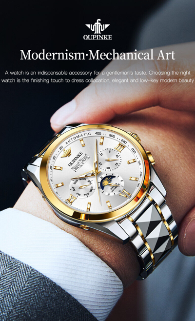 Pre-owned Oupinke Men's Luxury Watch Automatic 50m Waterproof Sapphire Mirror Self Winding
