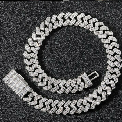 Pre-owned Online0369 Mens 14mm X 20 Inch Cuban Link Necklace 12ct Baguette Cubic Zirconia Silver In White