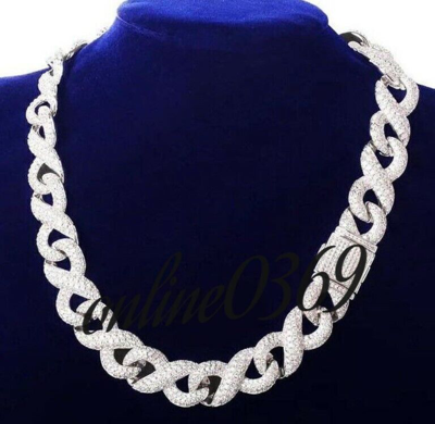 Pre-owned Online0369 12 Ct Cubic Zirconia Mens 14mm X 20 Inch Cuban Link Charm Necklace 925 Silver In White
