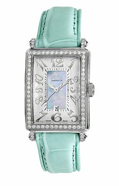 Pre-owned Gevril Women's 7247nv Avenue Of Americas Mini Diamonds Blue Leather Wristwatch