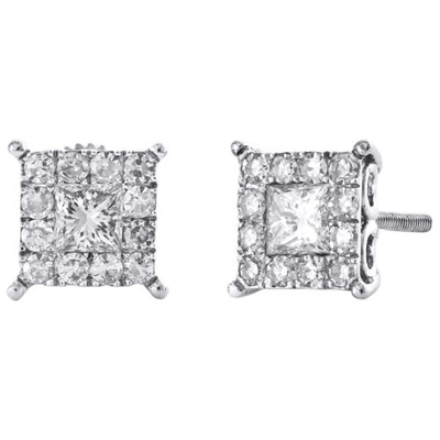 Pre-owned Jfl Diamonds & Timepieces 14k White Gold Princess Cut Real Diamond 4-prong Earring 8mm Cluster Studs 1 Ct.