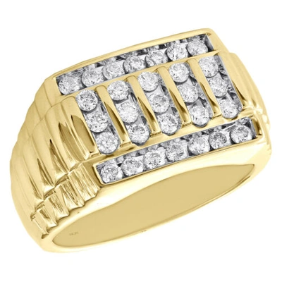 Pre-owned Jfl Diamonds & Timepieces 10k Yellow Gold Diamond Ribbed Statement Band 13mm Channel Set Pinky Ring 1 Ct. In White