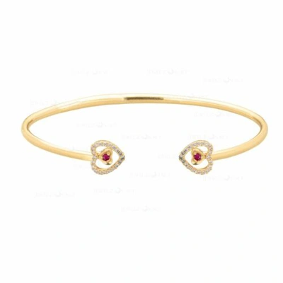 Pre-owned J.o.n 14k Gold Genuine Diamond And Ruby Heart Cuff Bangle Bracelet Fine Jewelry In White