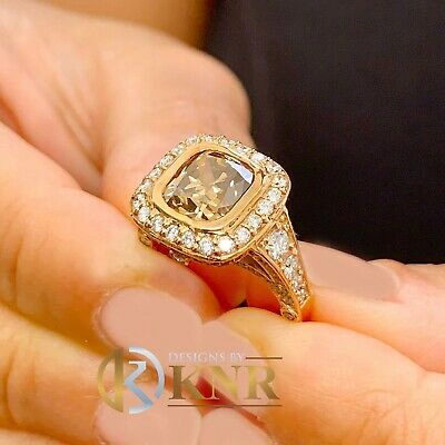 Pre-owned Knr 14k Rose Gold Cushion Cut Smoky Topaz And Diamonds Engagement Ring Halo 4.70ctw In Brown