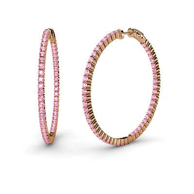 Pre-owned Trijewels Round Pink Tourmaline 1 3/4 Ctw Inside-out Hoop Earrings 14k Rose Gold Jp:37582