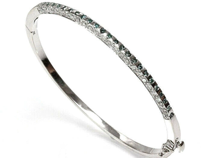 Pre-owned Jewelry By Arsa 2.2 Ctw Natural Blue & White Diamond Solid 14k White Gold 3mm Oval Bangle 6.5"