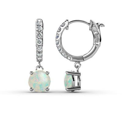Pre-owned Trijewels Round Opal And Diamond Dangle Hoop Earrings 1 1/2 Ctw 14k Gold Jp:237695 In White