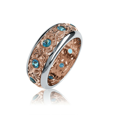 Pre-owned Handmade Deluxe 14k White And Rose Gold Decorative Filigree Blue Topaz Ring