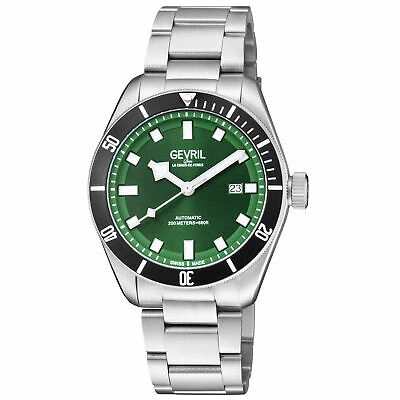 Pre-owned Gevril Men 48606 Yorkville Diver Swiss Automatic Green Dial Rotating Bezel Watch