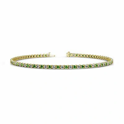 Pre-owned Trijewels Green Garnet And Diamond Tennis Bracelet 2.00 Ctw 14k Yellow Gold. Jp:123924