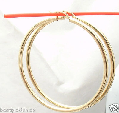 Pre-owned Bestgoldshop 3mm X 65mm 2 1/2" Large Plain Shiny Hoop Earrings Real 14k Yellow Gold
