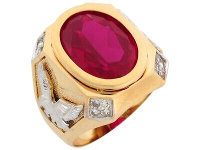 Pre-owned Jackani 10k Or 14k Two Tone Gold Simulated Ruby Eagle Accents July Birthstone Mens Ring In Red
