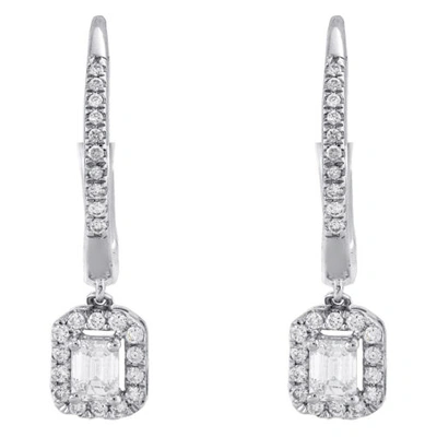 Pre-owned Jfl Diamonds & Timepieces 14k White Gold Emerald Solitaire Diamond Drop Hoop Dangler Earrings 1/2 Ct.
