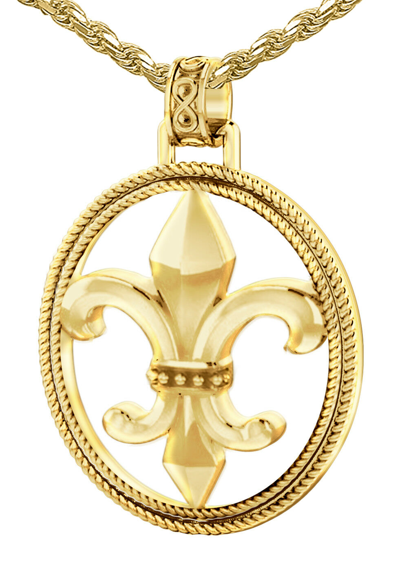Pre-owned Us Jewels Men's 1 1/2in 14k Yellow Gold Fleur-de-lis Braided Pendant Necklace