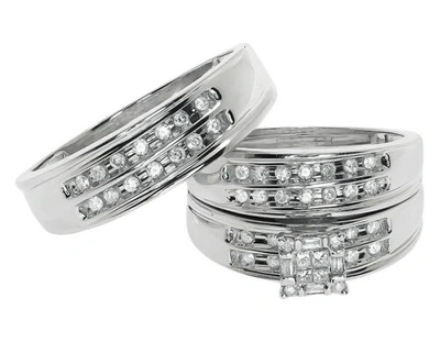 Pre-owned Jewelry Unlimited 14k White Gold Mens Ladies Round Princess Diamond Wedding Trio Ring Set 1/2 Ct