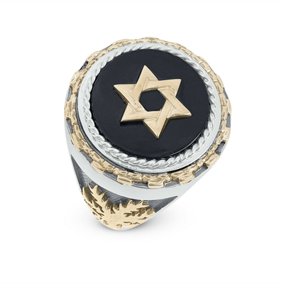 Pre-owned Handmade 925 Sterling Silver And Gold Onyx Star Of David Palm Tree Ring