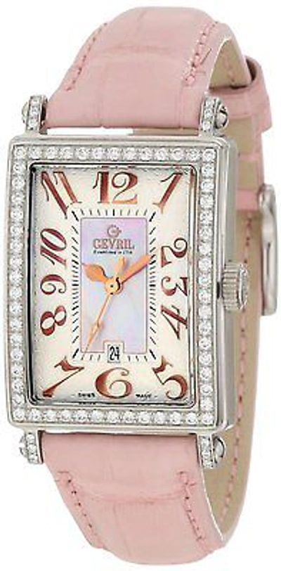 Pre-owned Gevril Women's 7248rl Avenue Of Americas Mini Diamond Pink Leather Watch
