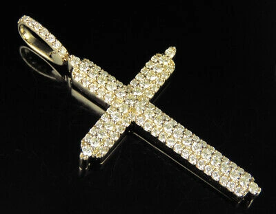 Pre-owned Jewelry Unlimited Men's 10k Yellow Gold Real Diamond 3 Row Prong Cross Pendant 1.1 Ct 1.80"