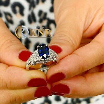 Pre-owned Halo 14k White Gold Sapphire And Round Cut Diamond  Bridal Deco Design Ring 2.40 In Blue