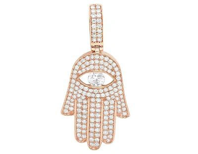 Pre-owned Jewelry Unlimited 14k Rose Gold Real Diamond Solitaire Evil Eye Hamsa Hand Pendant 1 1/2 Ct 1.75"