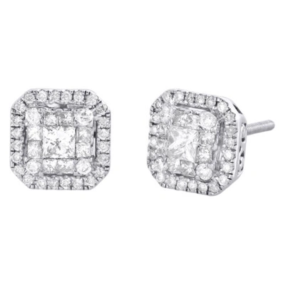 Pre-owned Jfl Diamonds & Timepieces 14k White Gold Round & Princess Cut Diamond Double Halo Studs Earrings 3/4 Ct.